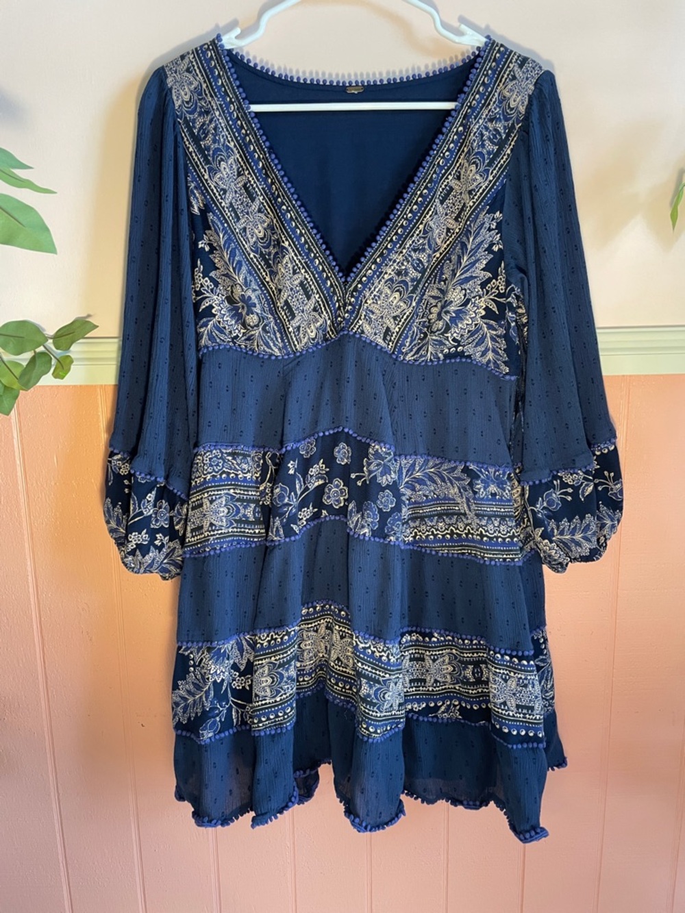 Free People Blue Print Mini Dress, Size Medium